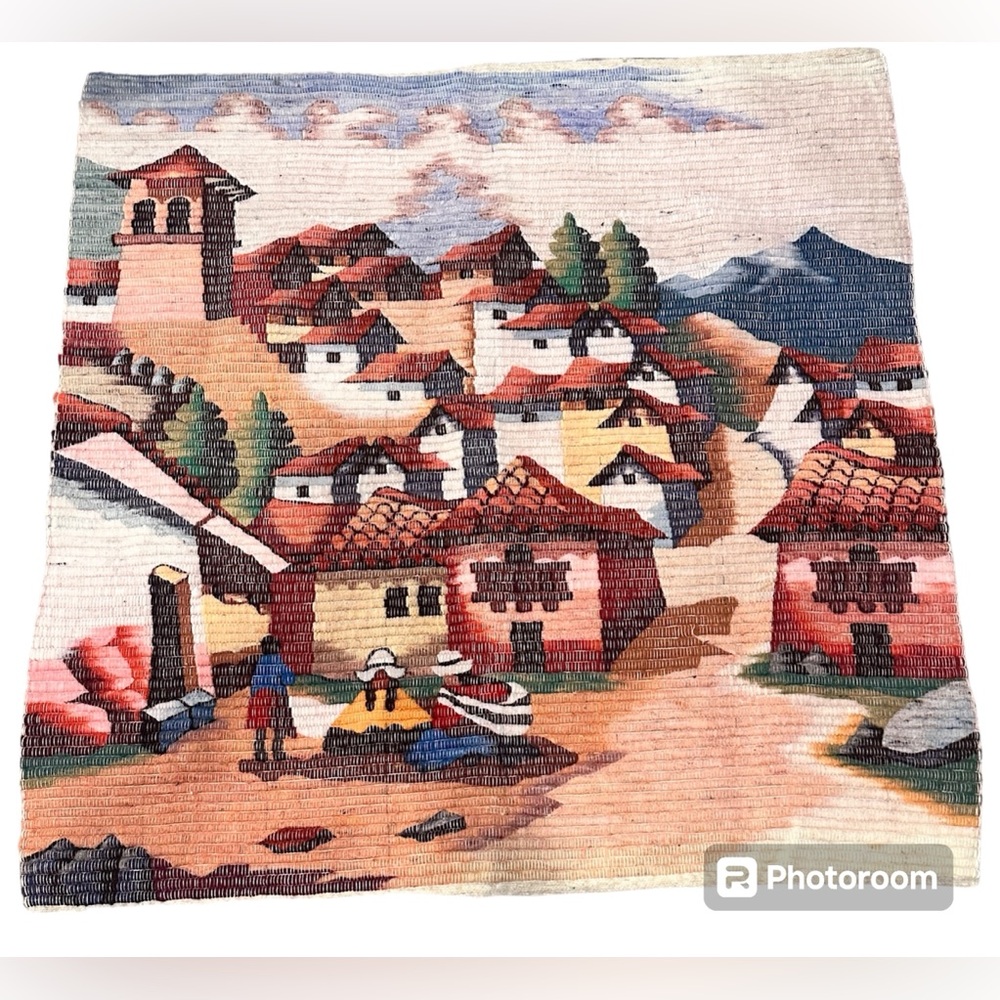 Vintage Peruvian Wool Tapestry Hand Woven Village Scene.